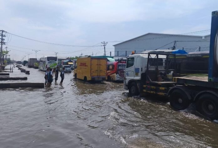 Jalan Pantura Demak–Semarang di kawasan Sayung, Senin (27/10/2025). Sejumlah kendaraan besar tampak melintas perlahan di tengah banjir yang mencapai setengah roda truk. (Foto : Sam)