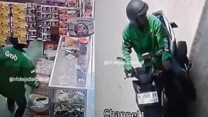 Driver ojek online Grab yang mencuri terekam kamera CCTV dan viral di media sosial. (Foto: Tangkapan layar)