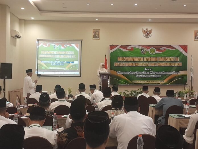 Musyawarah Daerah (MUSDA) XI Majelis Ulama Indonesia (MUI) Kabupaten Demak yang digelar di Hotel Amantis Demak, Sabtu (7/2/2026). (Foto: Sam)
