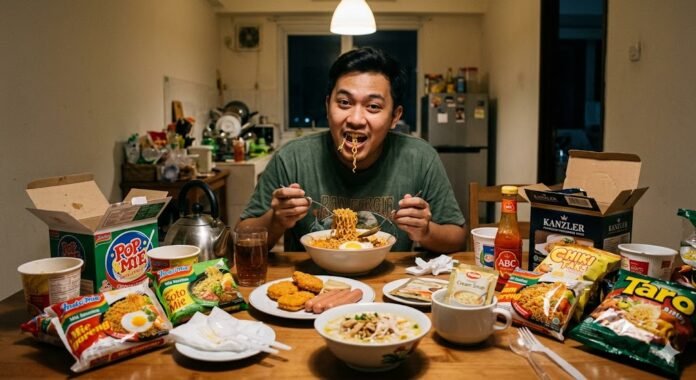 Ilustrasi makan makanan instan. (Foto : Dok Gemini AI)