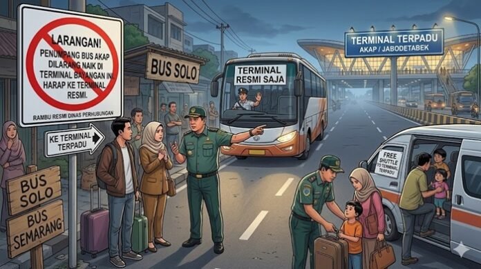 Ilustrasi pelarangan penumpang bus AKAP naik dari terminal bayangan.