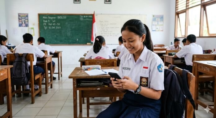 Ilustrasi siswa SMP membawa HP. (Foto : AI)