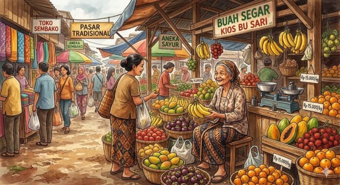 Ilustrasi pedagang pasar tradisional. (Foto : AI)