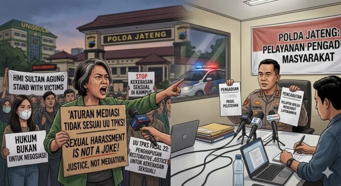 Aturan hukum pidana kasus pelecehan dilakukan mediasi menurut UU TPKS versi Aktivis dan polisi. (Foto:AI Gemini)