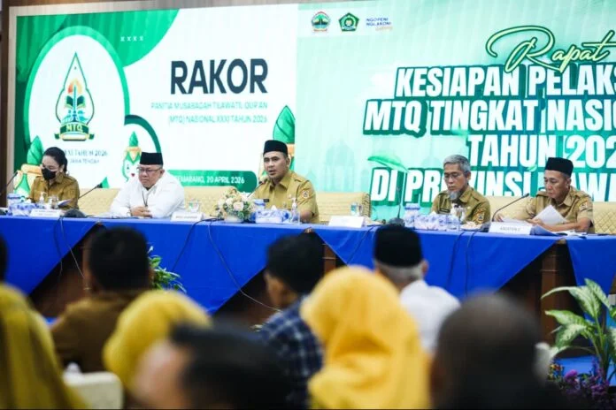 Wakil Gubernur Jawa Tengah Taj Yasin dan Sekretaris Daerah (Sekda) Provinsi Jawa Tengah, Sumarno dalam Rakor persiapan gelaran Musabaqah Tilawatil Quran (MTQ) Nasional XXXI tahun 2026. (Foto : Dok Pemprov Jateng)
