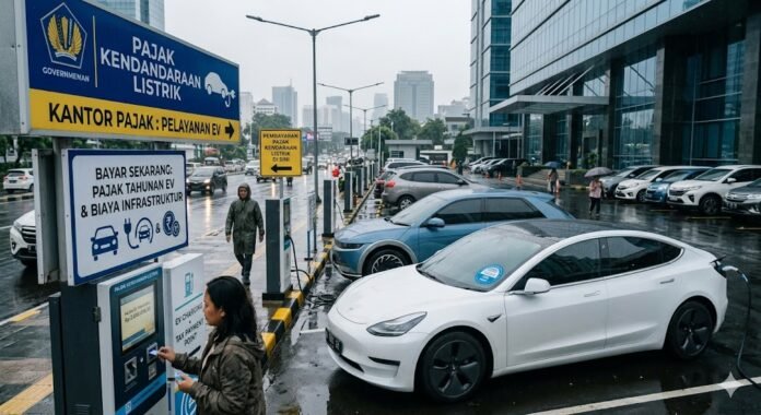 Ilustrasi kendaraan listrik dikenakan pajak. (Foto:AI)