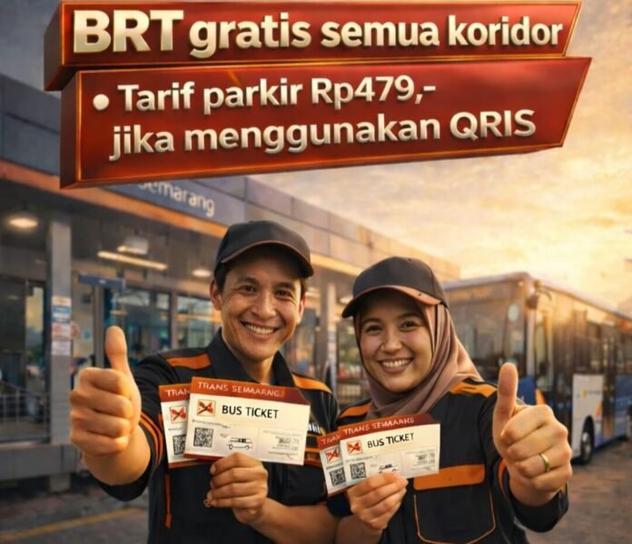 BRT Trans Semarang digratiskan di seluruh koridor pada 1-5 Mei 2026. Tarif parkir juga didiskon menjadi Rp. 479,- bagi pengguna QRIS. (Foto : Dok Pemkot Semarang)
