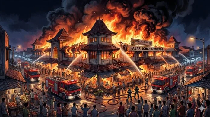 Ilustrasi kebakaran pasar. (Foto : Dok Gemini AI)