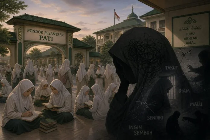 Ilustrasi pelecehan seksual yang dialami santriwati pati oleh gurunya hingga akibatkan trauma. (Foto:AI)