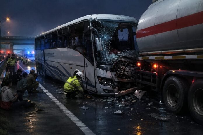 Ilustrasi kecelakaan bus dengan truk tengki yang memuat bahan bakar minyak. (Foto:AI)