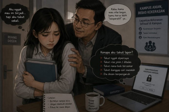 Ilustrasi seorang mahasiswi yang takut melaporkan ke kampus meskipun menjadi korban kekerasan oleh dosennya.