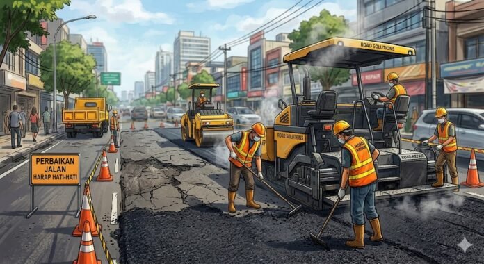 Ilustrasi perbaikan jalan di Kota Semarang. (Foto : Dok Gemini AI)