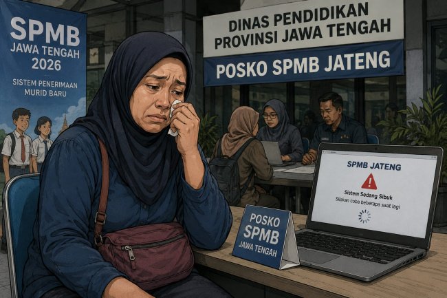 Ilustrasi tangisan seorang ibu saat datang ke kantor Dinas Pendidikan (Disdik) Jawa Tengah untuk memperjuangkan anaknya masuk sekola negeri. Ilustrasi tangisan seorang ibu saat datang ke kantor Dinas Pendidikan (Disdik) Jawa Tengah untuk memperjuangkan anaknya masuk sekola negeri.(Foto:AI)