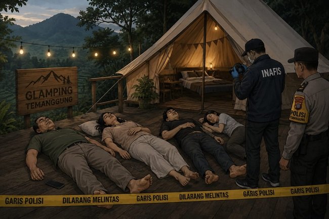 Satu keluarga yang terdiri empat orang meninggal dunia saat bermalam di Glamping Posong Temanggung. Satu keluarga yang terdiri empat orang meninggal dunia saat bermalam di Glamping Posong Temanggung. (Foto: AI)