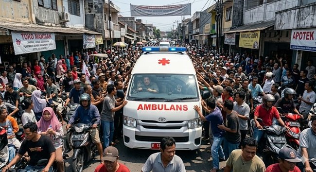 Ilustrasi ambulans yang terhambat massa Ilustrasi ambulans yang terhambat massa