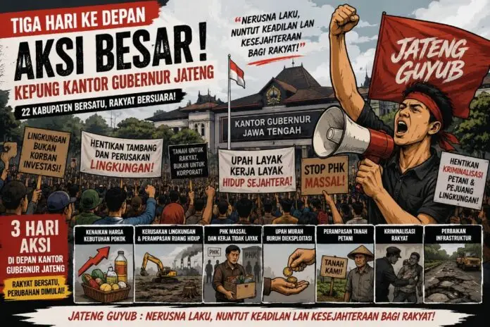 Ilustrasi aksi besar di depan Kantor Gubernur Jateng selama tiga hari ke depan. (Foto: AI)