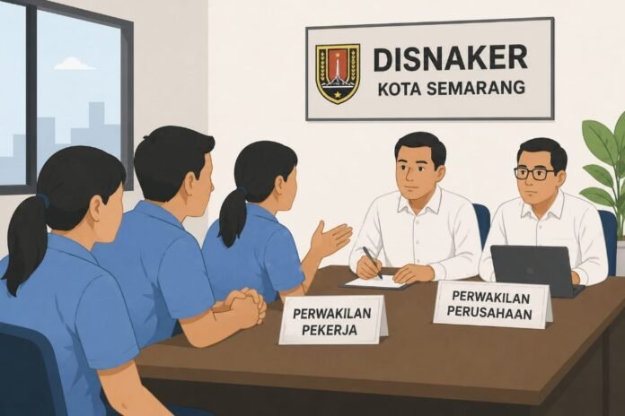 Ilustrasi pertemuan bipartit buruh pabrik garmen Lamicitra di Kantor Disnaker Kota Semarang. (Foto: AI)