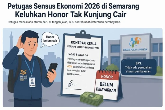 Ilustrasi petugas Sensus Ekonomi BPS Kota Semarang 2026, keluhkan gaji belum cair.(Foto:AI)