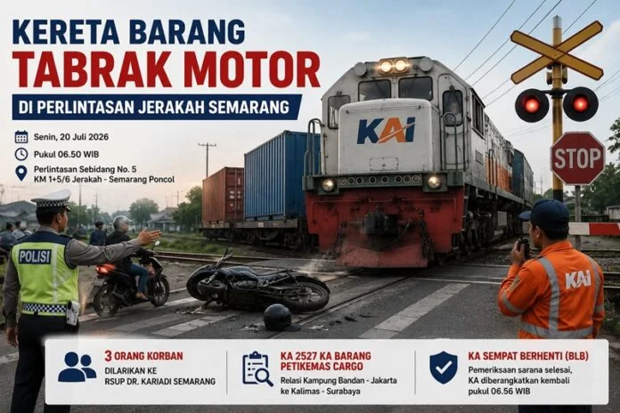 Ilustrasi kecelakan kereta tabrak sepeda motor di Semarang.(Foto: AI)