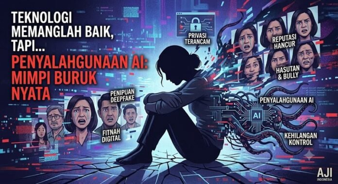 Ilustrasi perempuan trauma akibat penyalahgunaan teknologi AI untuk membuat konten pornografi palsu (deepfake).
