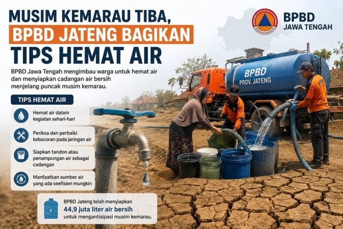 Ilustrasi tips hemat air pada musim kemarau dari BPBD Provinsi Jawa Tengah.