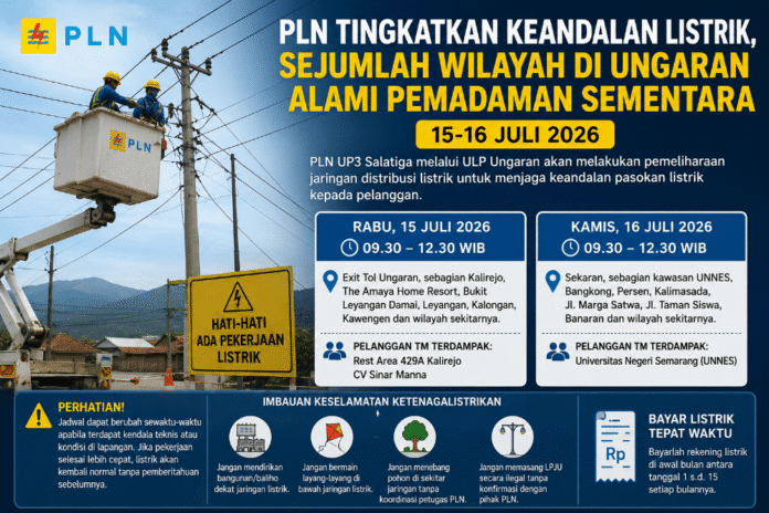 Petugas PLN melakukan pemeliharaan jaringan distribusi listrik menggunakan bucket truck sebagai bagian dari upaya meningkatkan keandalan pasokan listrik di wilayah kerja ULP Ungaran. (Foto : AI)