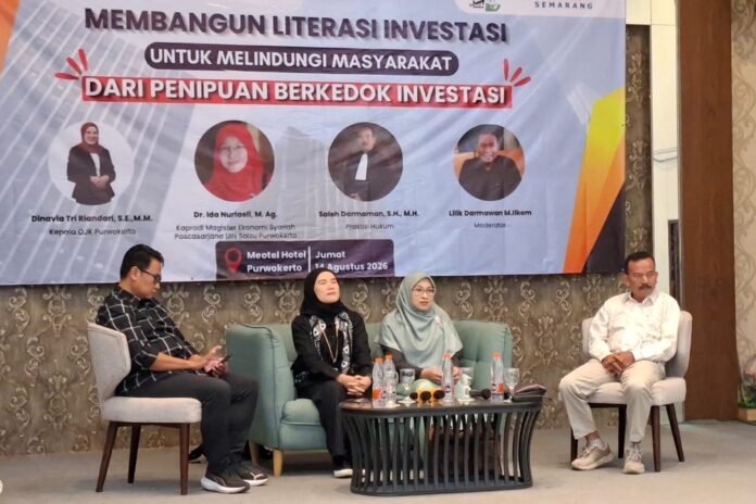 Literasi investasi bertema “Membangun Literasi Investasi untuk Melindungi Masyarakat dari Penipuan Berkedok Investasi” yang digelar Forum Wartawan Ekonomi (WAREK) Semarang di Purwokerto, Jumat (14/08/2026). (Foto : Dok JN)