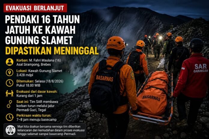 Ilustrasi proses evakuasi pendaki Gunung Slamet asal Sirampog, Brebes, M. Fahri Maulana (16) yang telah ditemukan dalam kondisi meninggal dunia. (Foto: AI)