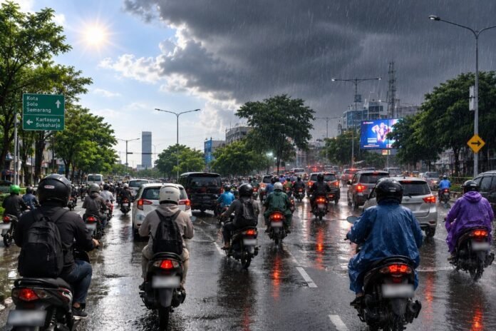 Ilustrasi berkendara saat jalan licin. (Foto : Dok Honda)