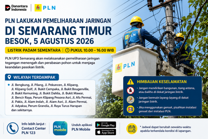 Jadwal pemadamn listrik Semarang Timur besok Rabu, 5 Agustus 2026