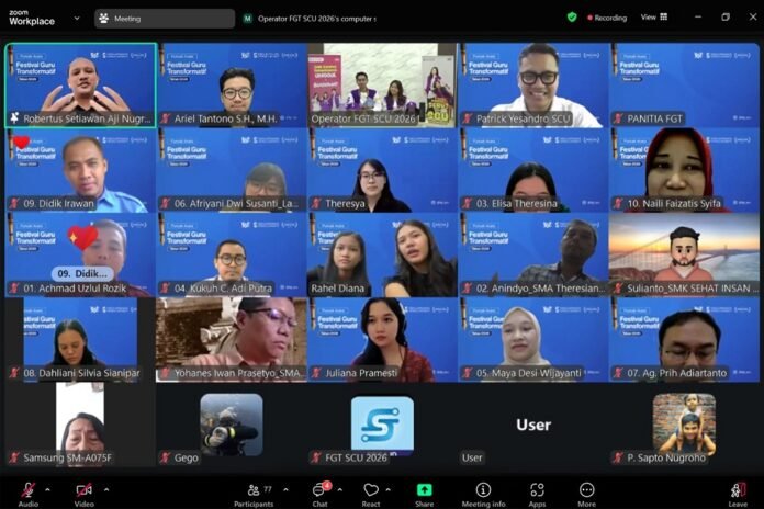 Para peserta guru SMA dan SMK dari berbagai daerah di Indonesia saat mengikuti zoom dalam Festival Guru Transformatif (FGT) 2026