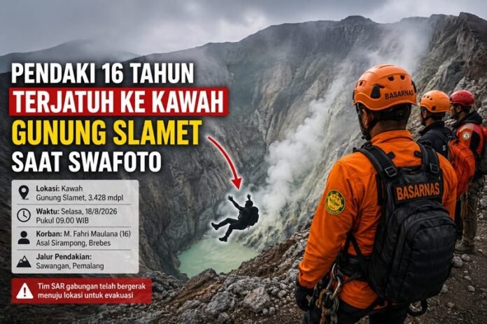 Ilustrasi pendaki yang terjatuh di kawah Gunung Slamet