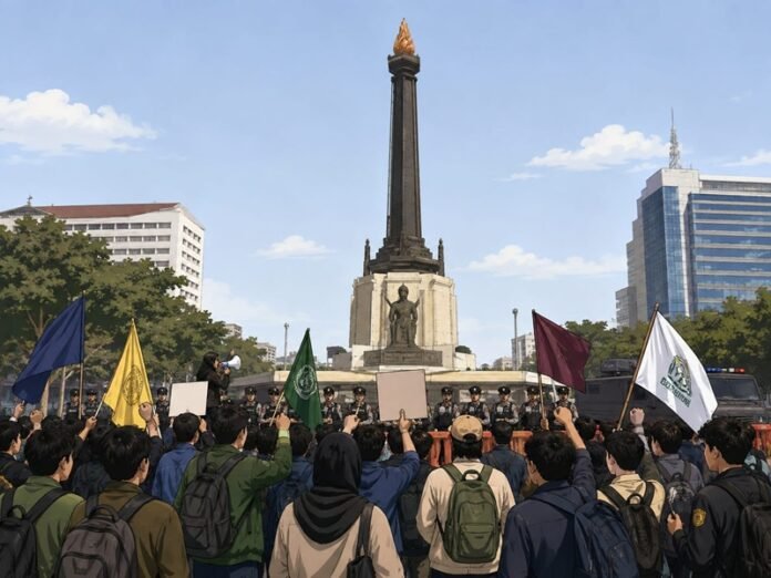 Ilustrasi mahasiswa demo di Tugu Muda Semarang.