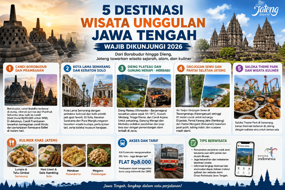 Wisata Jateng Rekomendasi wisata Jawa Tengah. (Foto : AI)
