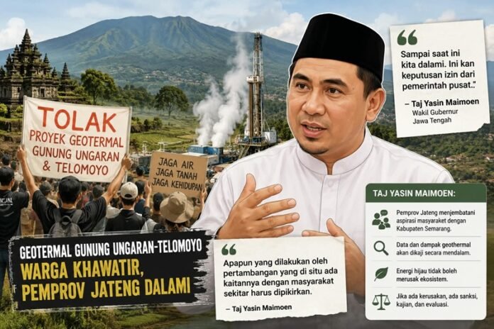 Ilustrasi respon Wakil Gubernur Jawa Tengah Taj Yasin Maimoen mengenai proyek geotermal kawasan Gunung Ungaran dan Telomoyo.(Foto: AI)